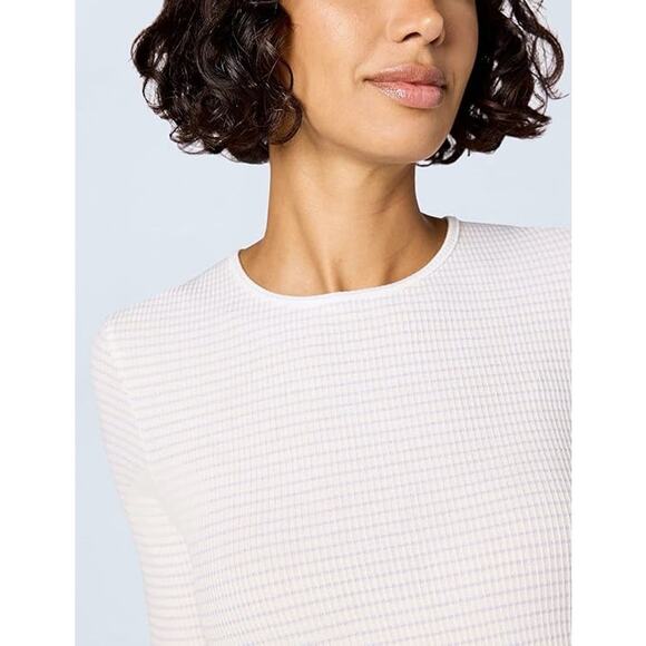 Vince Women Off White Striped Rib Knit Viscose Casual Elbow Sleeve Top Size XS - Picture 2 of 6